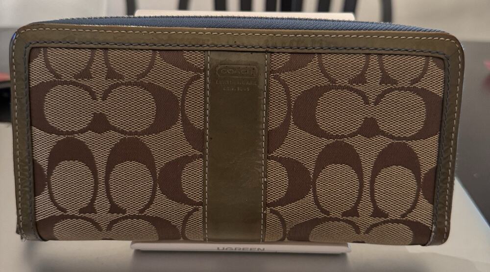 Coach Signature Zip Around Wallet With Brown Canvas And Patent Leather Trim